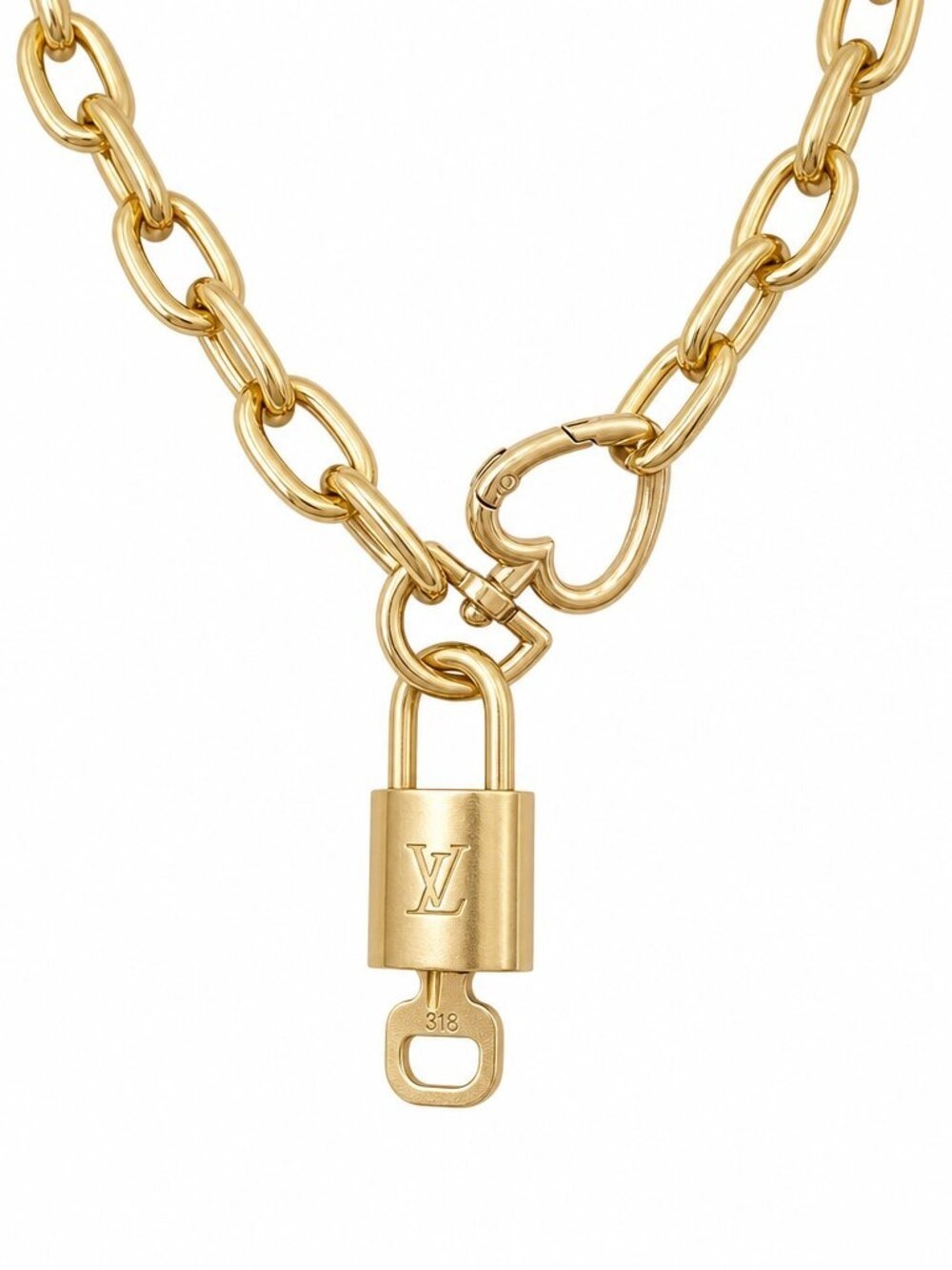 Authentic Louis Vuitton Lock & Key #315 Necklace on Gold Heart Chain – 16”